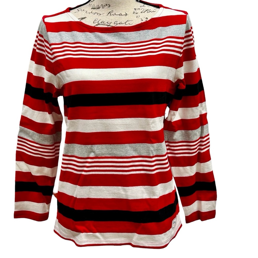 Talbots‎ Red White Black Gray Striped Women Size Petite Large Long Sleeve Top